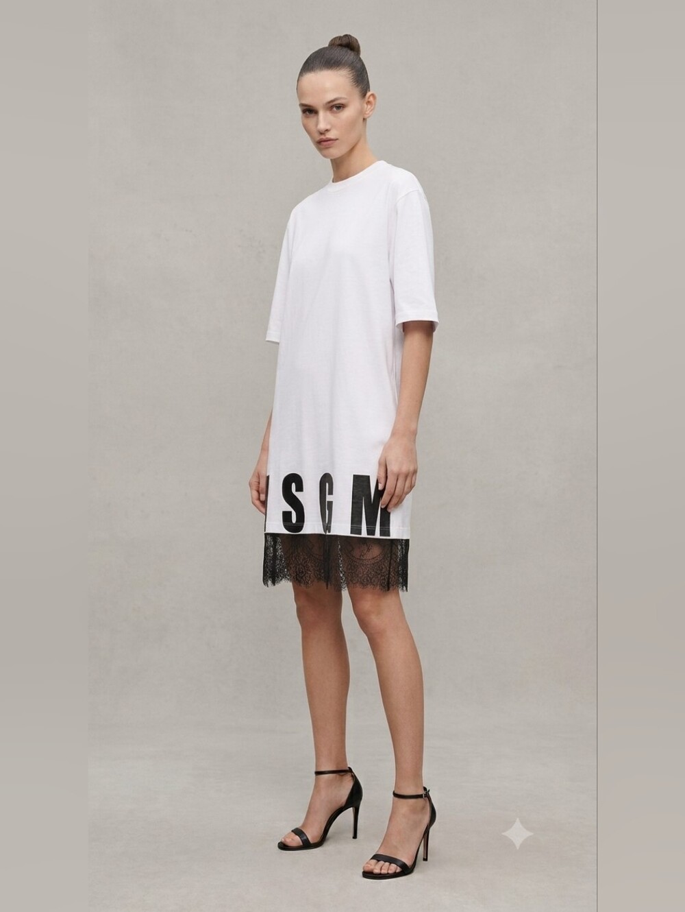 MSGM Milano White & Black Logo Print T-Shirt Dress With Lace Trim